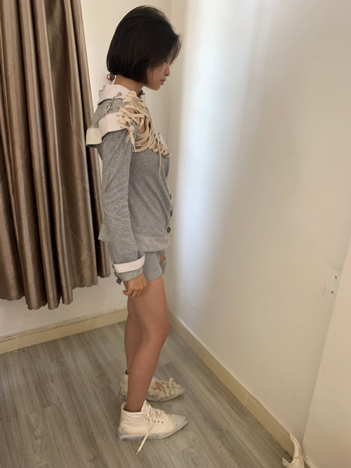 Gray lace-up long sleeve top