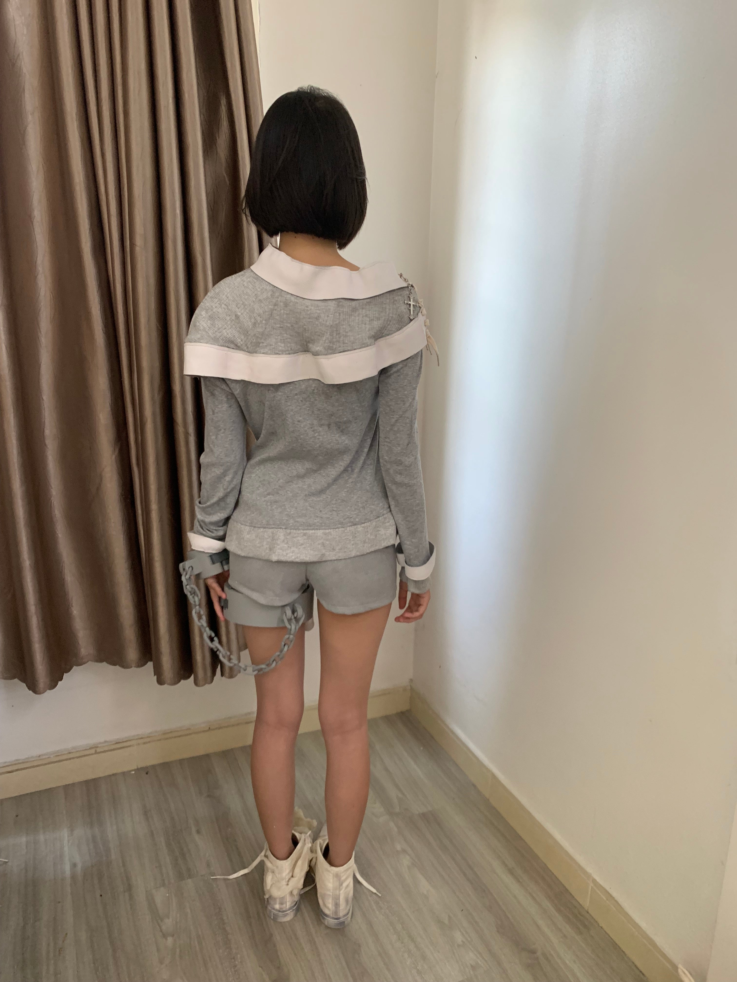 Gray lace-up long sleeve top