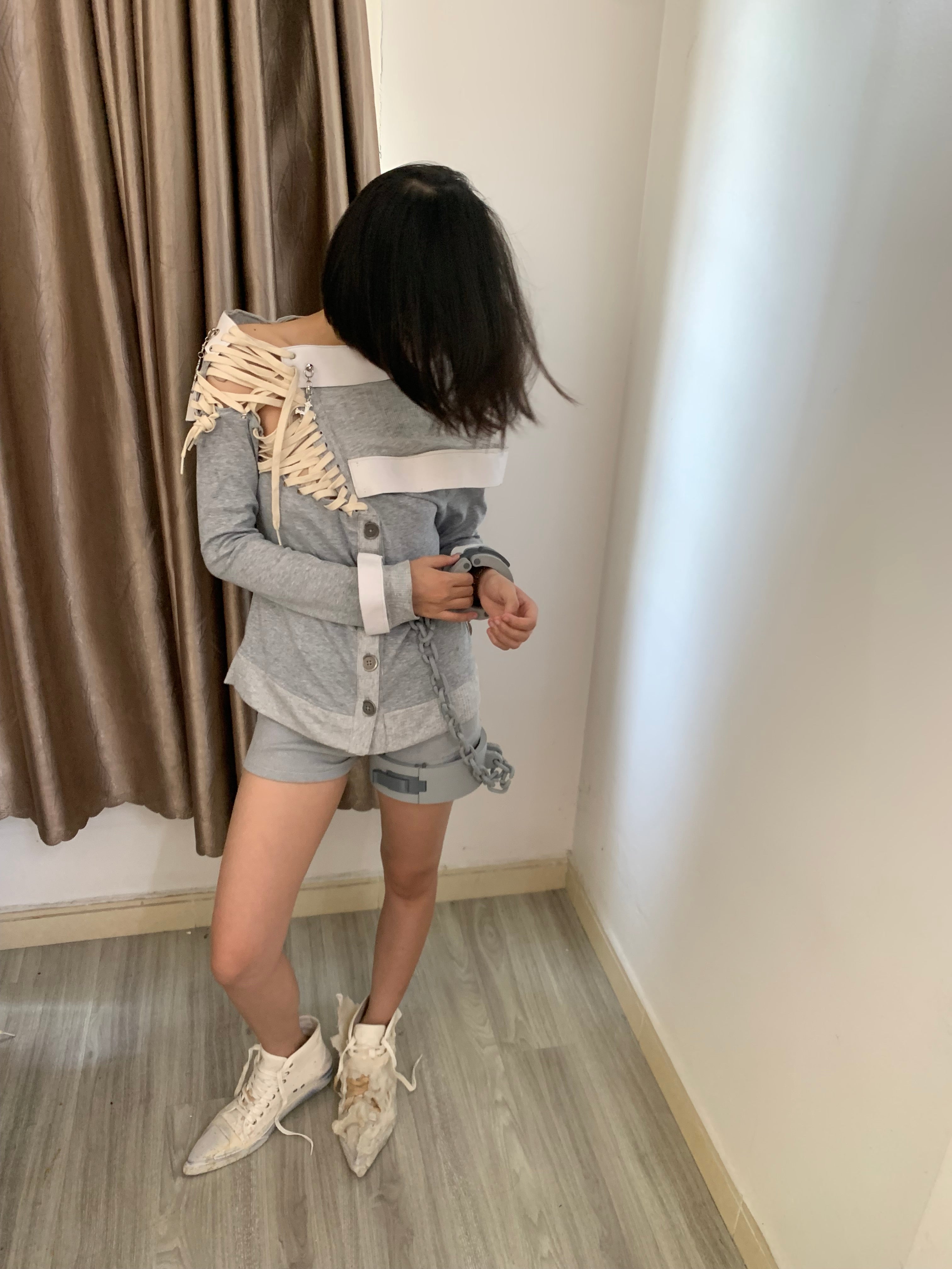 Gray lace-up long sleeve top